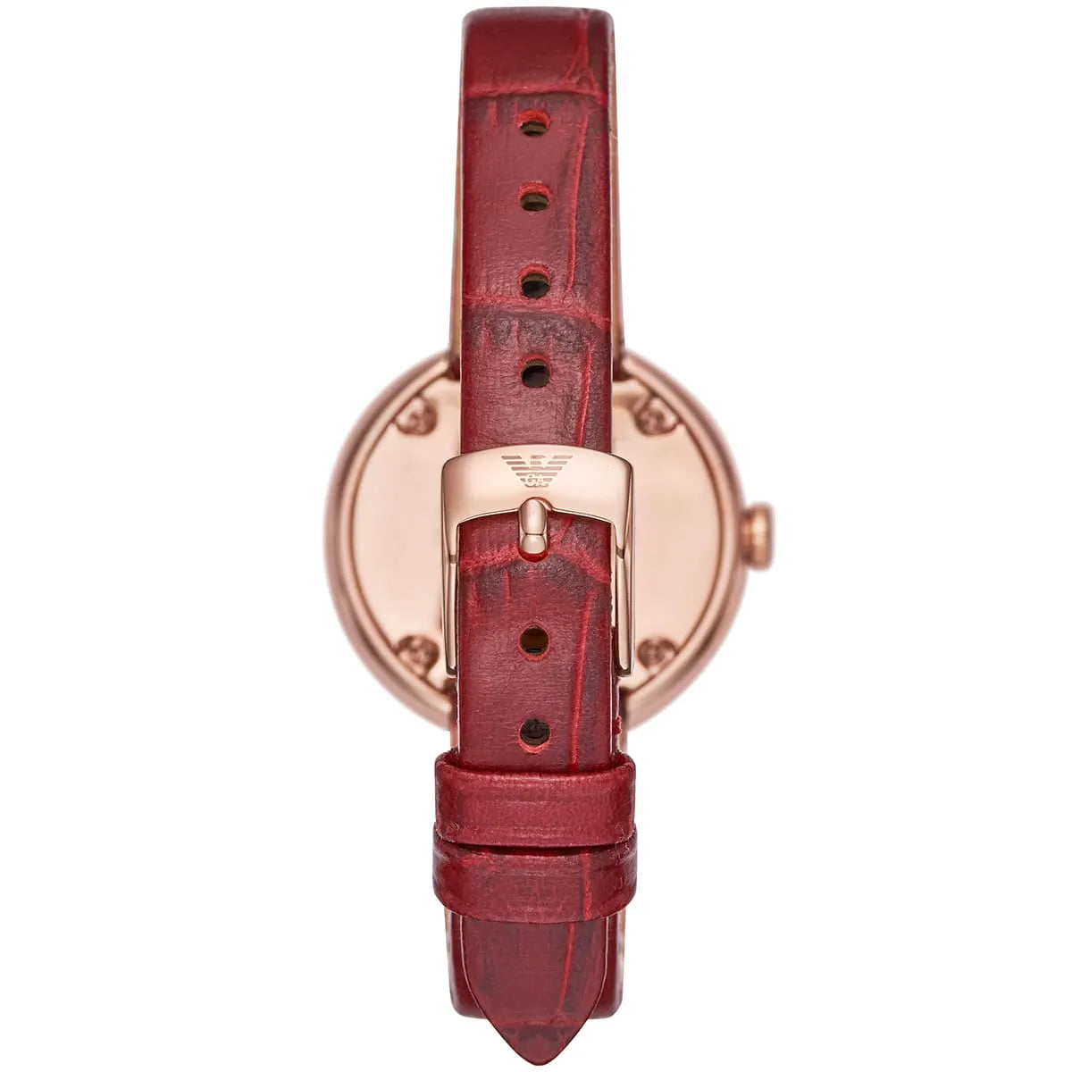 Emporio Armani AR11357 watch caseback showing rose gold stainless steel back with eagle logo