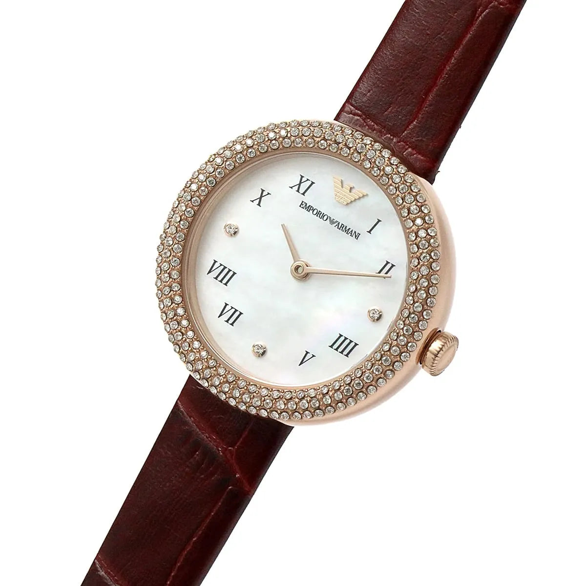 Emporio Armani AR11357 watch on wrist showing mother-of-pearl dial with Roman numerals and red leather strap