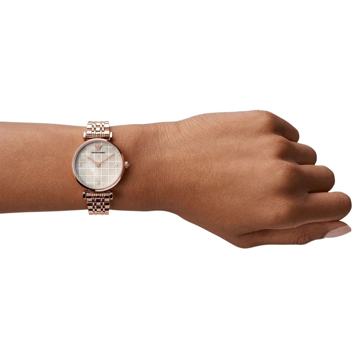 Emporio Armani AR11385 women's watch worn on wrist showing multicolor dial and rose gold