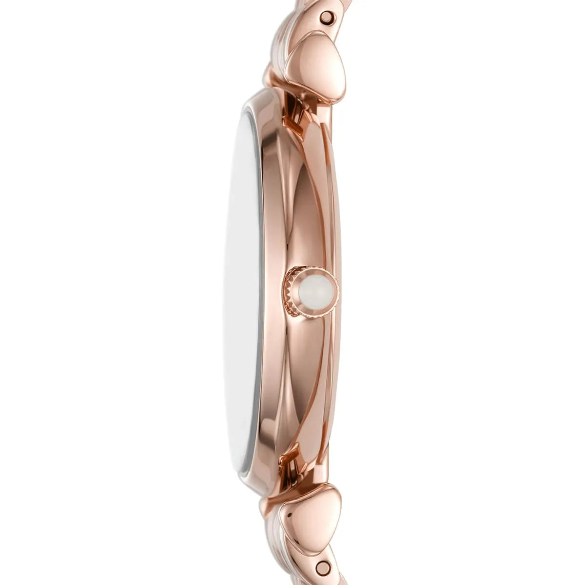 Emporio Armani AR11385 watch side profile showing case depth and rose gold bracelet