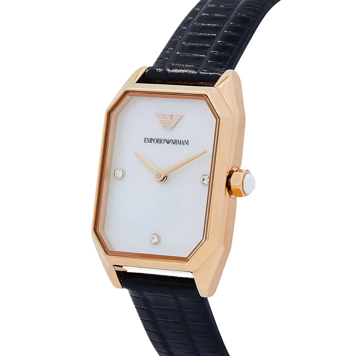 Emporio Armani Gioia AR11390 watch at angle showing mother of pearl dial and rose gold case