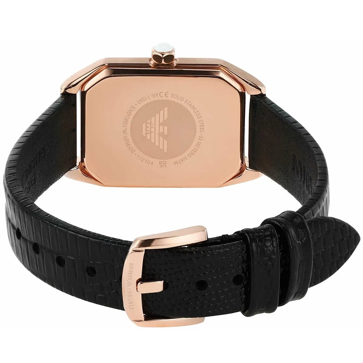 Emporio Armani Gioia AR11390 caseback with engraved eagle logo and watch information