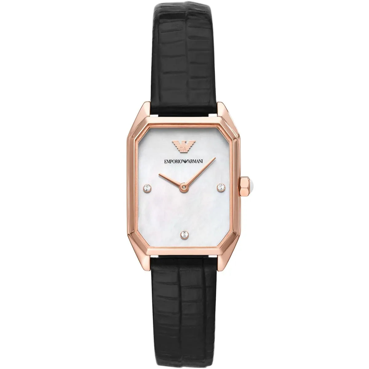 Emporio Armani Gioia AR11390 quartz watch with mother of pearl dial and black leather strap, front view