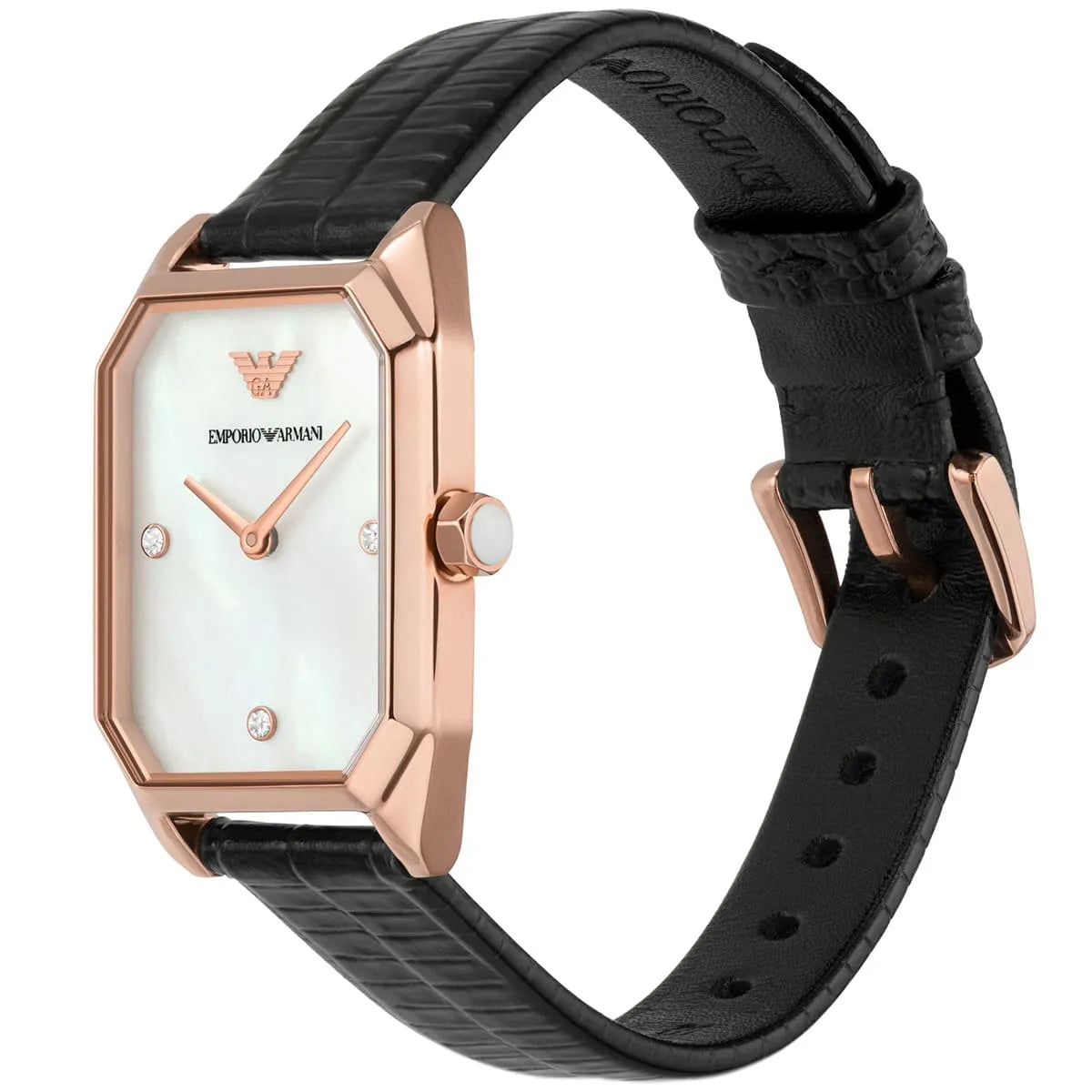 Emporio Armani Gioia AR11390 watch with rose gold case on black leather strap, worn on wrist