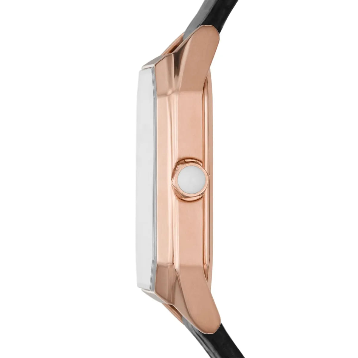 Emporio Armani Gioia AR11390 side view highlighting rectangular case design and leather strap