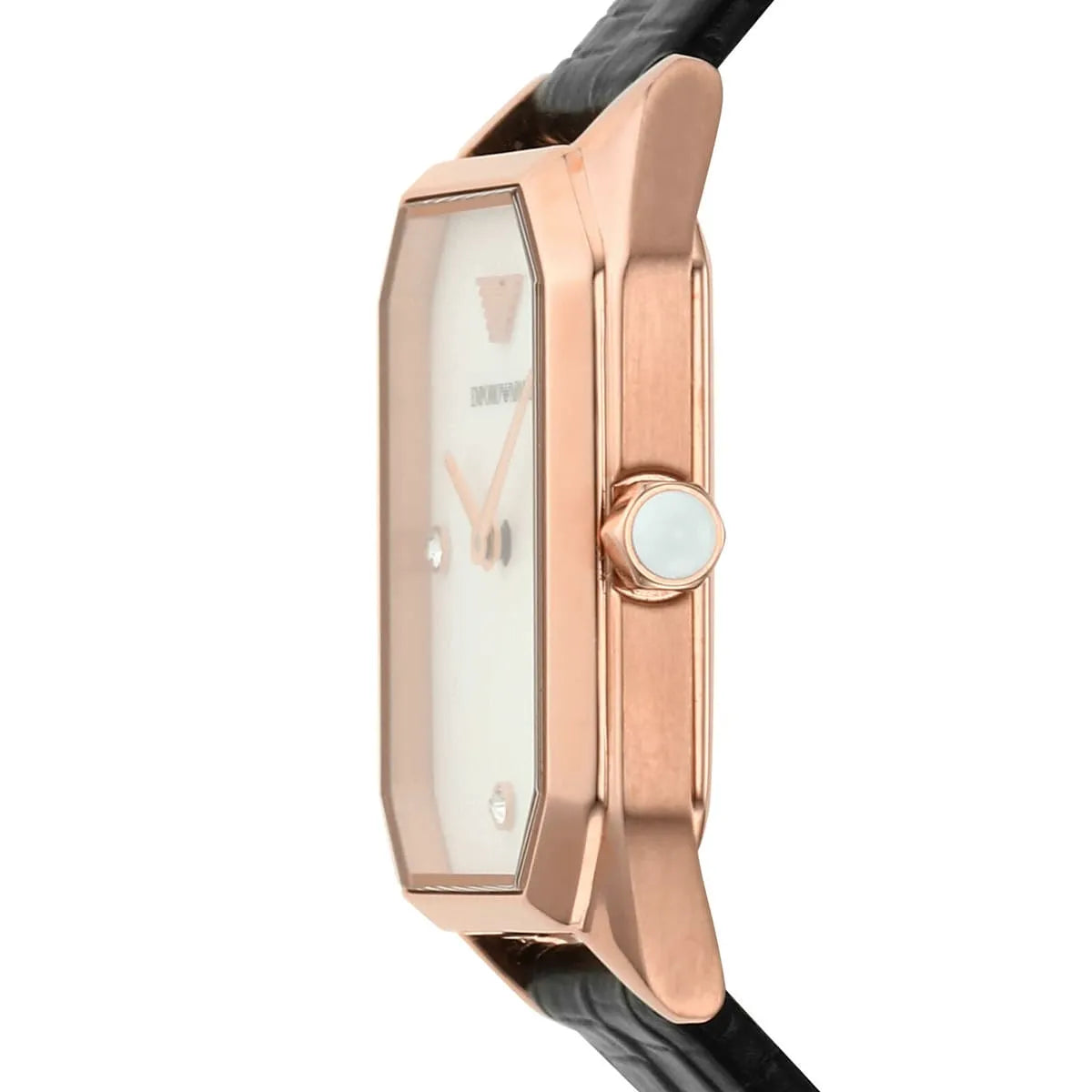Side profile of Emporio Armani Gioia AR11390 showing rose gold case thickness and black strap