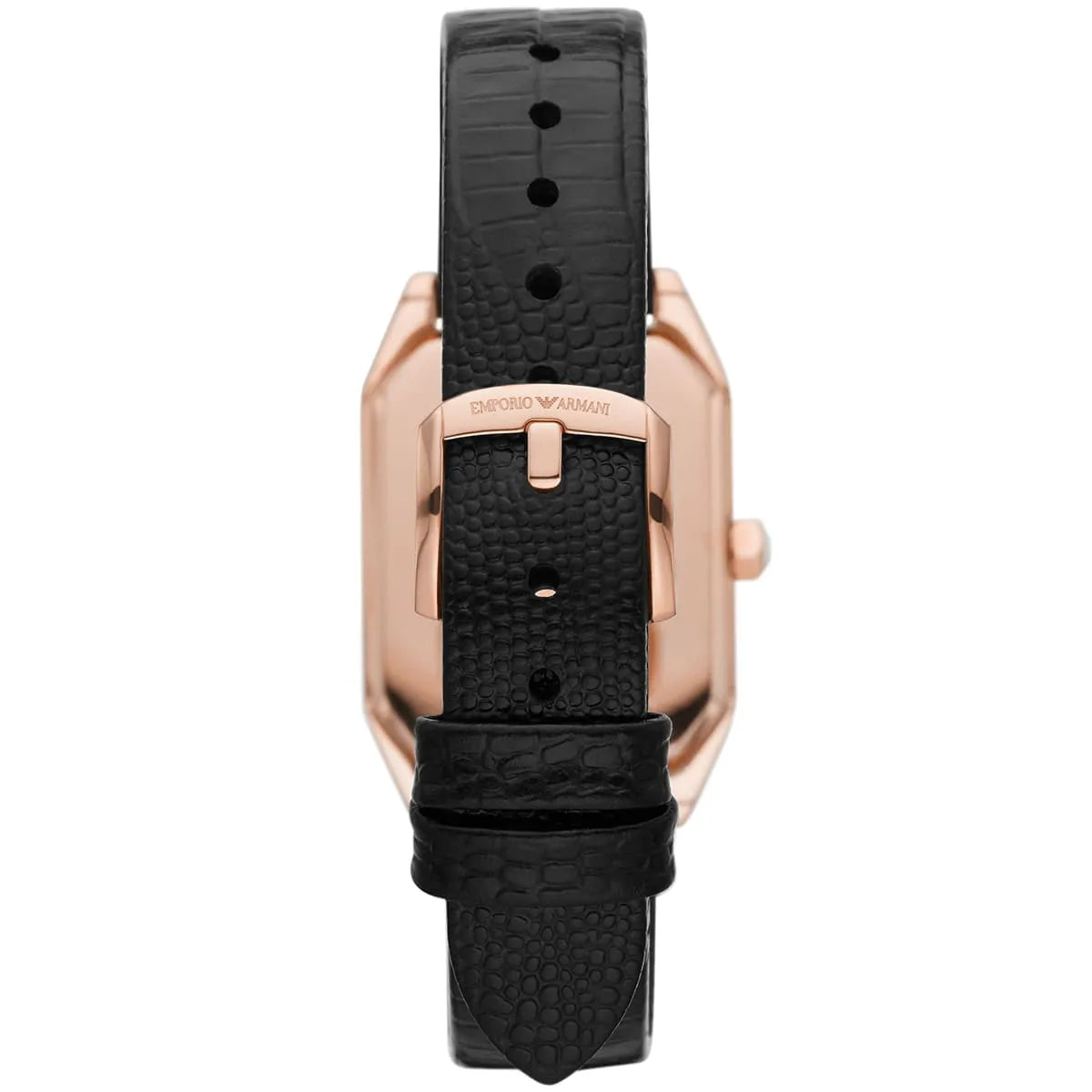 Black crocodile embossed leather strap with rose gold buckle on Emporio Armani Gioia AR11390