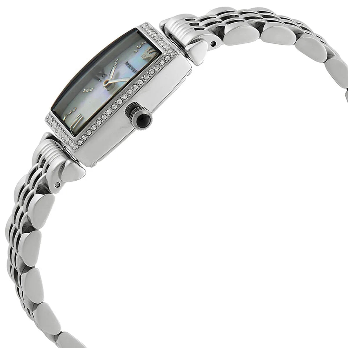 Angled view of Emporio Armani Gianni T-Bar watch with white dial and crystal bezel details