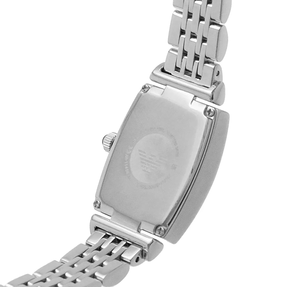 Emporio Armani Gianni T-Bar caseback showing stainless steel case with engraved logo