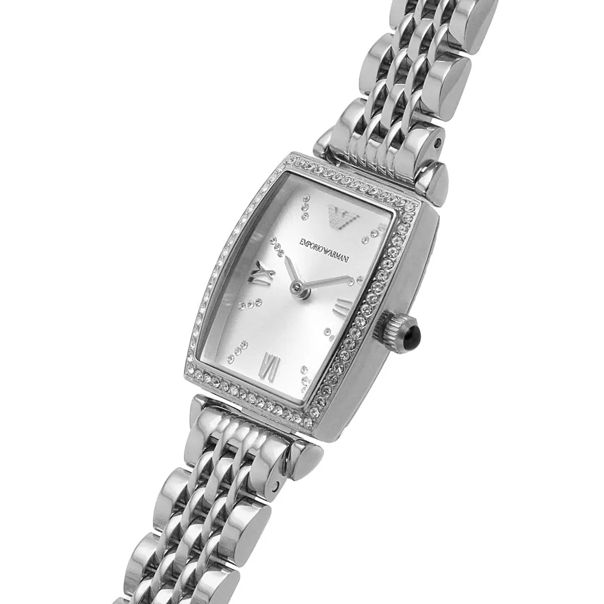 Angled detail view of Emporio Armani Gianni T-Bar white dial with Roman numerals