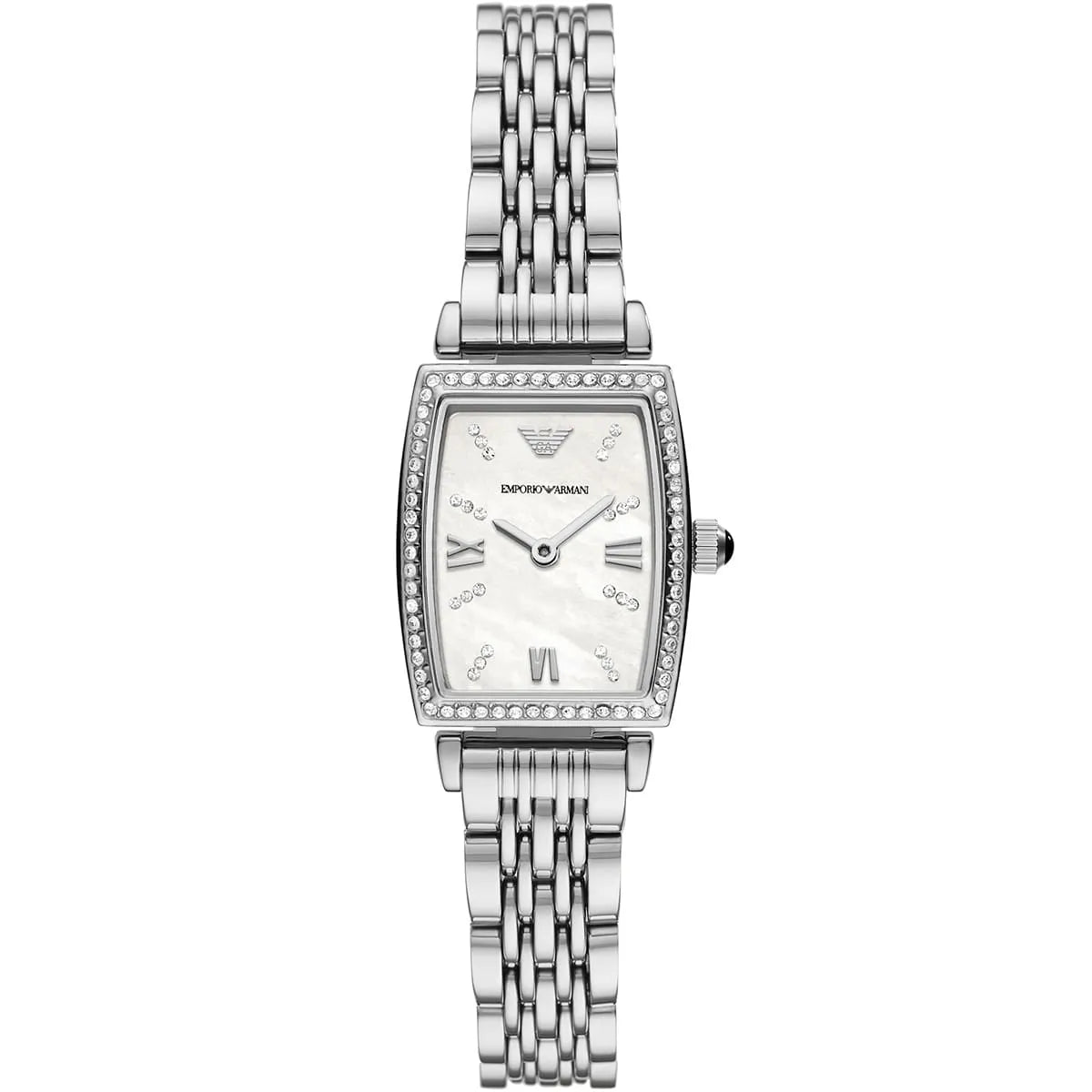 Emporio Armani Gianni T-Bar white dial ladies watch with crystal-set bezel and stainless steel strap
