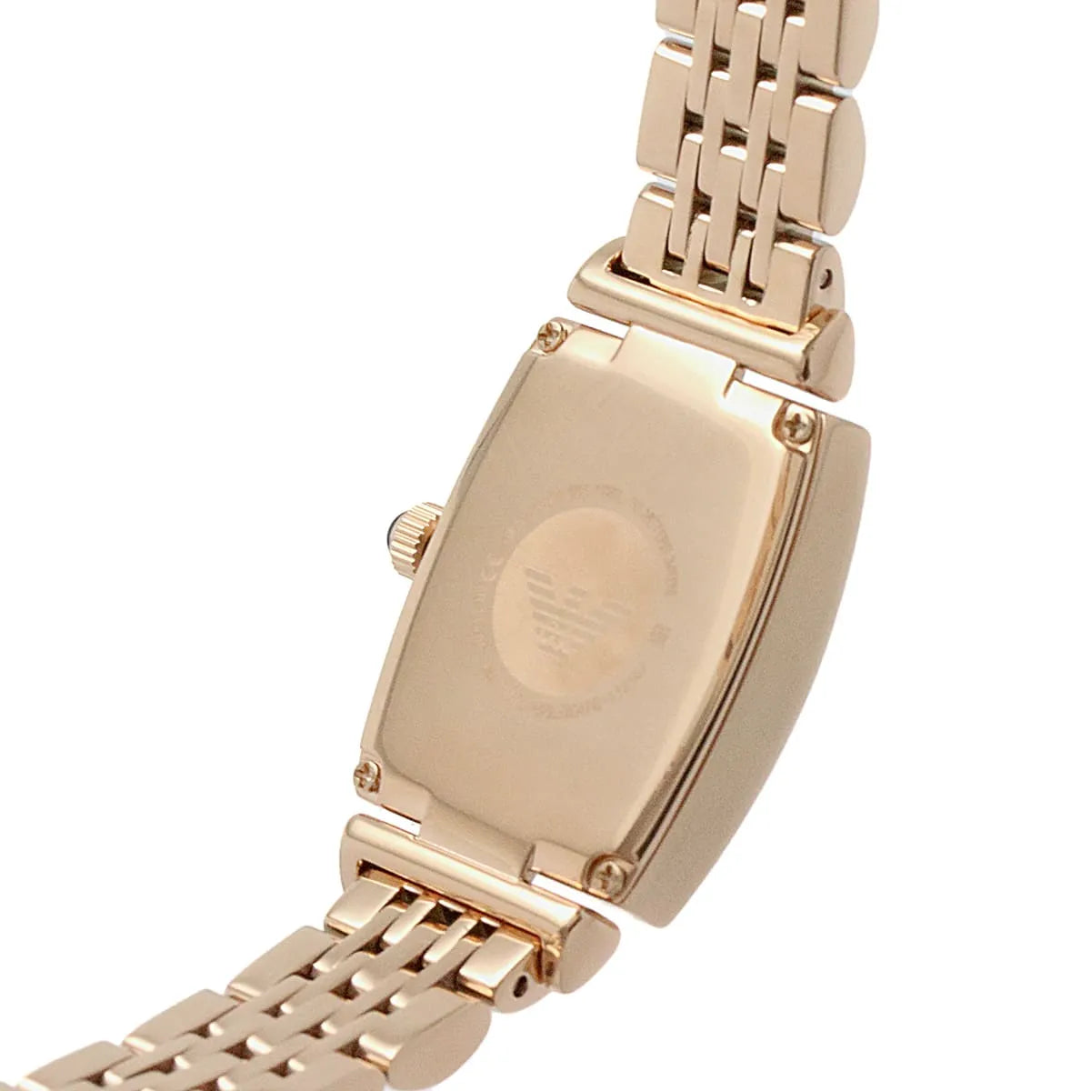 Emporio Armani Gianni T-Bar rose gold case back showing engraved eagle logo