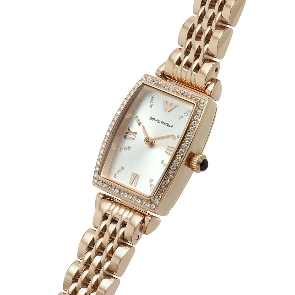 Emporio Armani Gianni T-Bar dial detail showing white face, rose gold indices, and hands