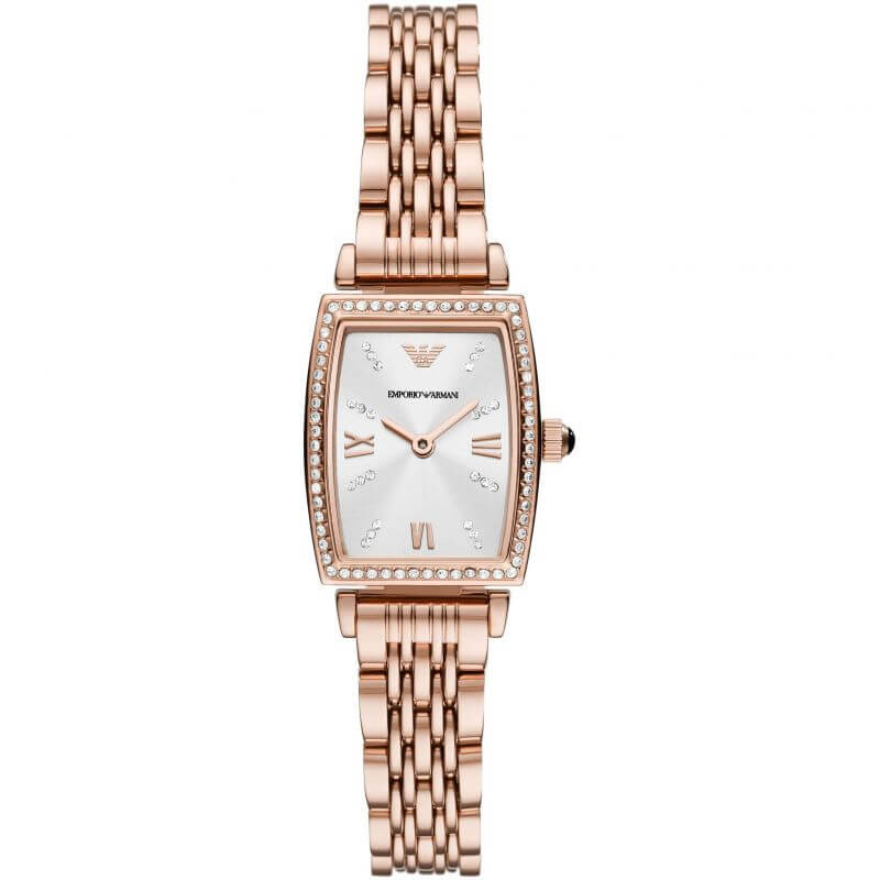 Emporio Armani Gianni T-Bar rose gold watch with white dial and crystal bezel