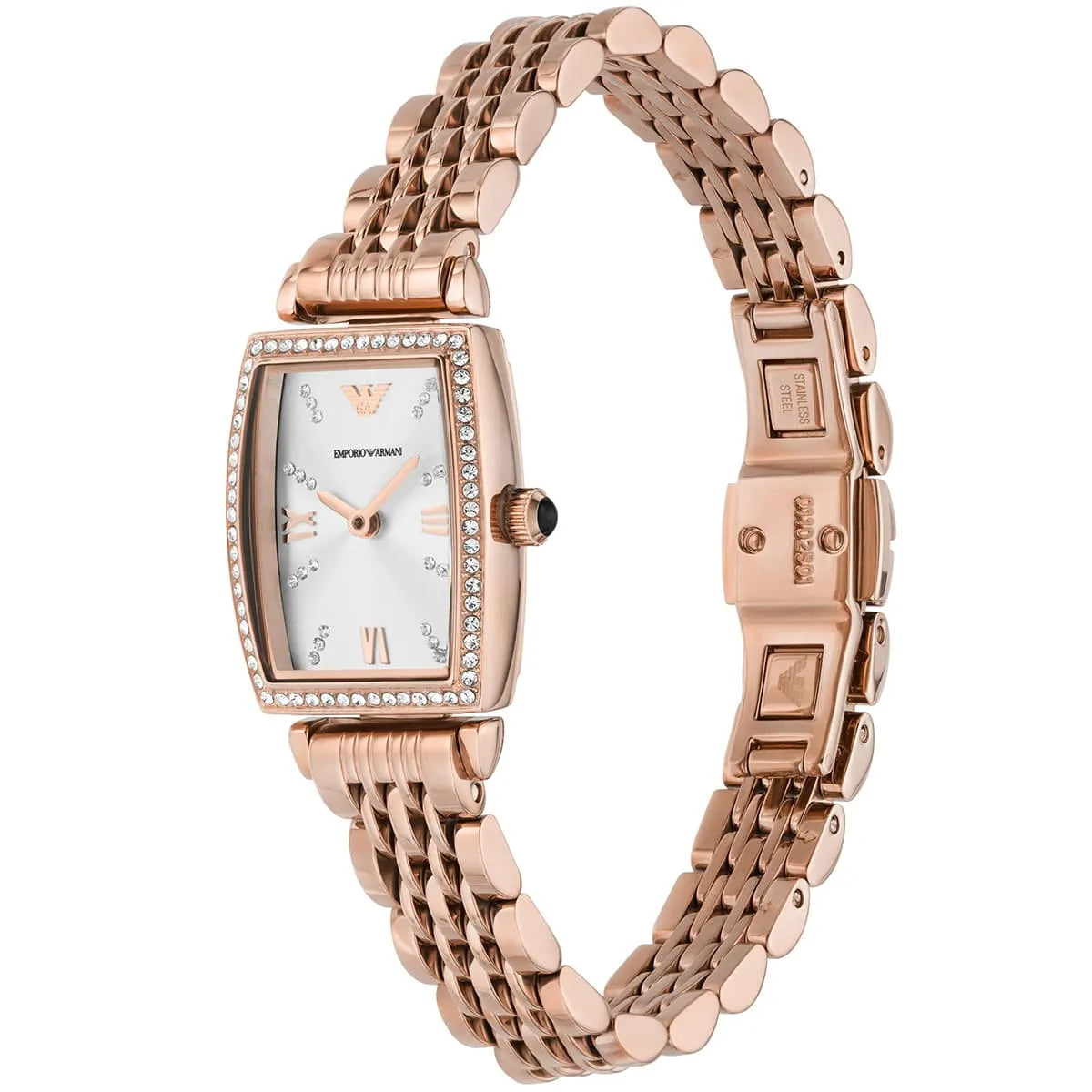 Emporio Armani Gianni T-Bar rose gold watch worn on wrist showing full bracelet