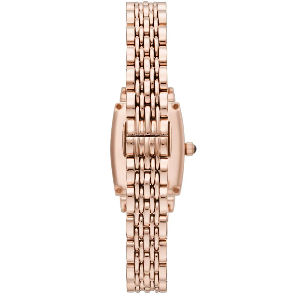 Emporio Armani Gianni T-Bar rose gold watch side view showing bracelet design
