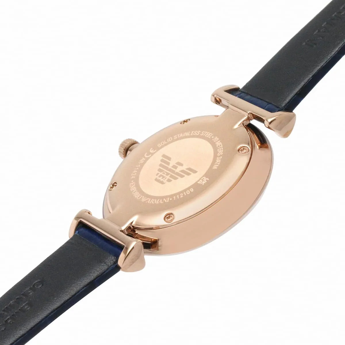 Emporio Armani Gianni T-Bar caseback detail showing eagle logo engraving