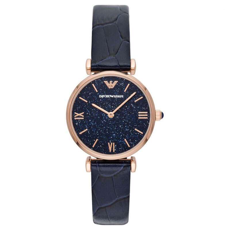 Emporio Armani Gianni T-Bar watch front view with navy blue sparkle dial and rose gold case