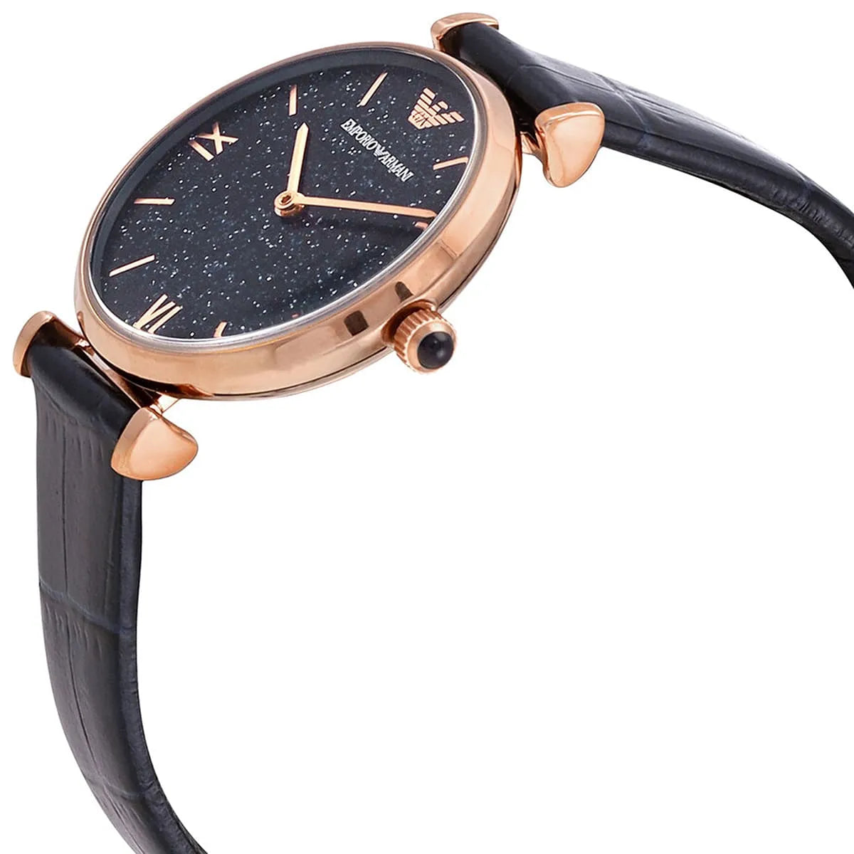 Side angle view of Emporio Armani Gianni T-Bar watch with rose gold case and navy strap