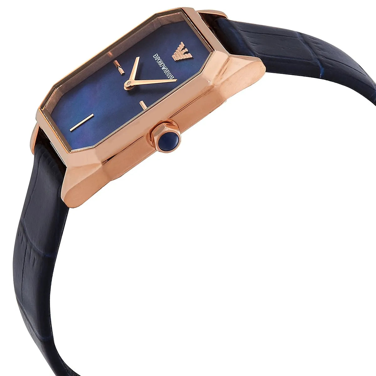 Emporio Armani AR11426 watch side view showing rose gold case and blue dial