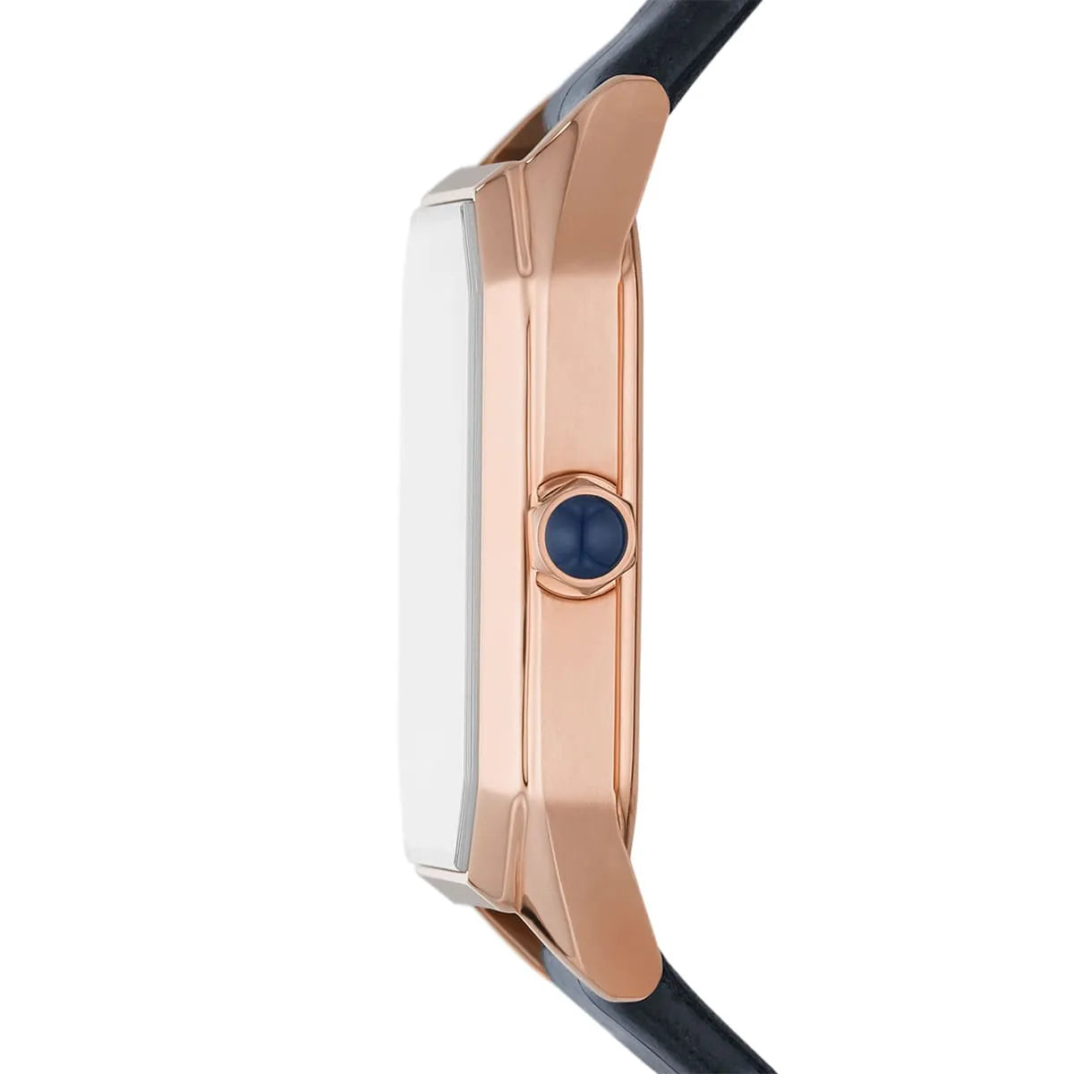 Side profile of AR11426 Emporio Armani ladies watch with rose gold tonneau case