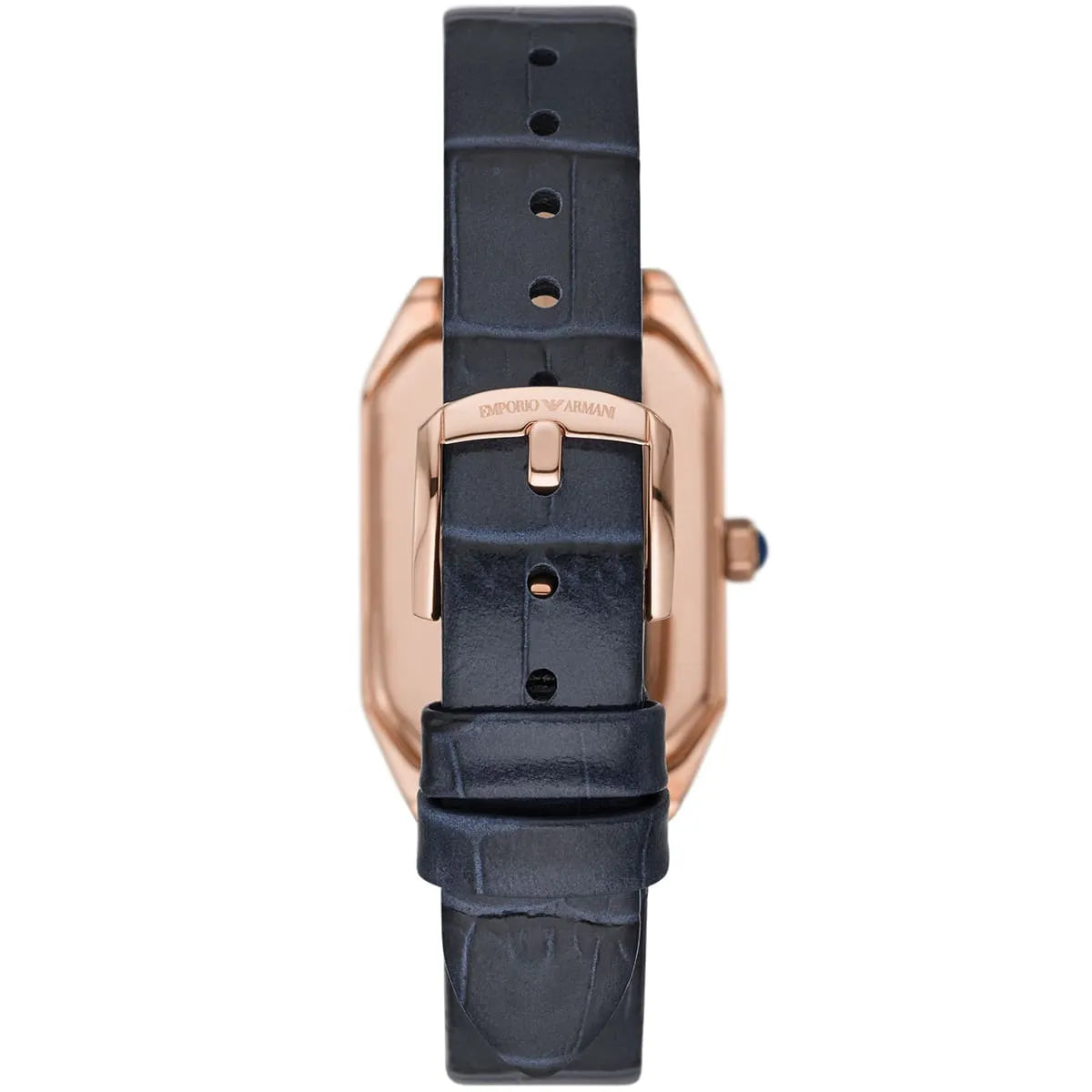 AR11426 navy leather strap with rose gold buckle on Emporio Armani women's watch