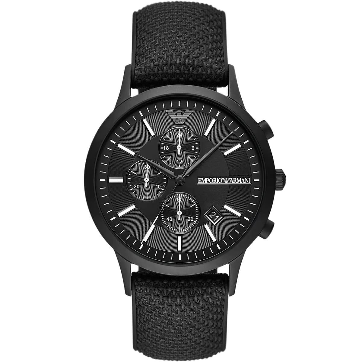 Emporio Armani Renato AR11457 chronograph watch with black dial and black textile strap