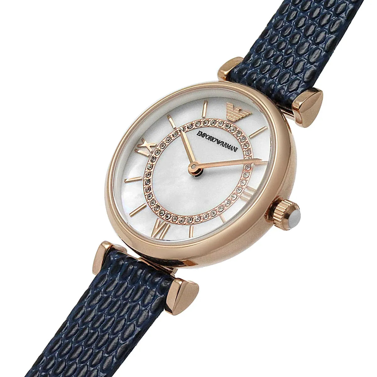 Emporio Armani Gianni T-Bar with blue leather strap and mother of pearl dial detail