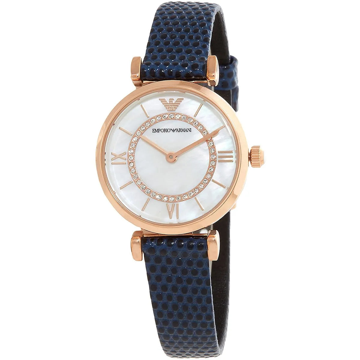 Emporio Armani Gianni T-Bar watch with mother of pearl dial, rose gold case, and blue leather strap