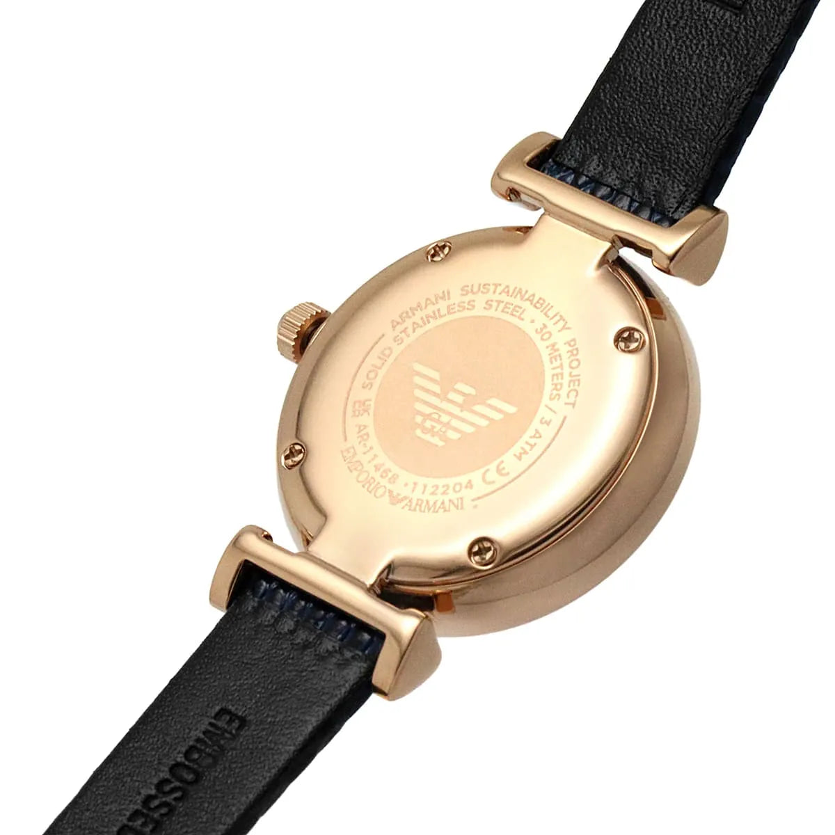 Emporio Armani caseback with engraved eagle logo and stainless steel text
