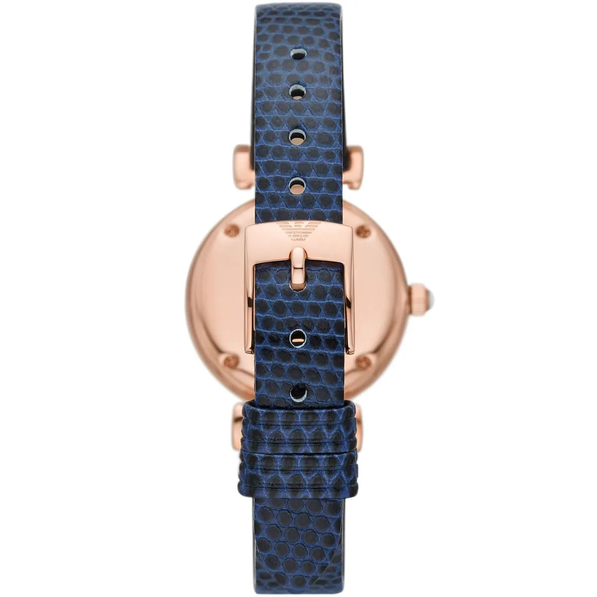 Emporio Armani Gianni T-Bar caseback with rose gold case and blue leather strap detail