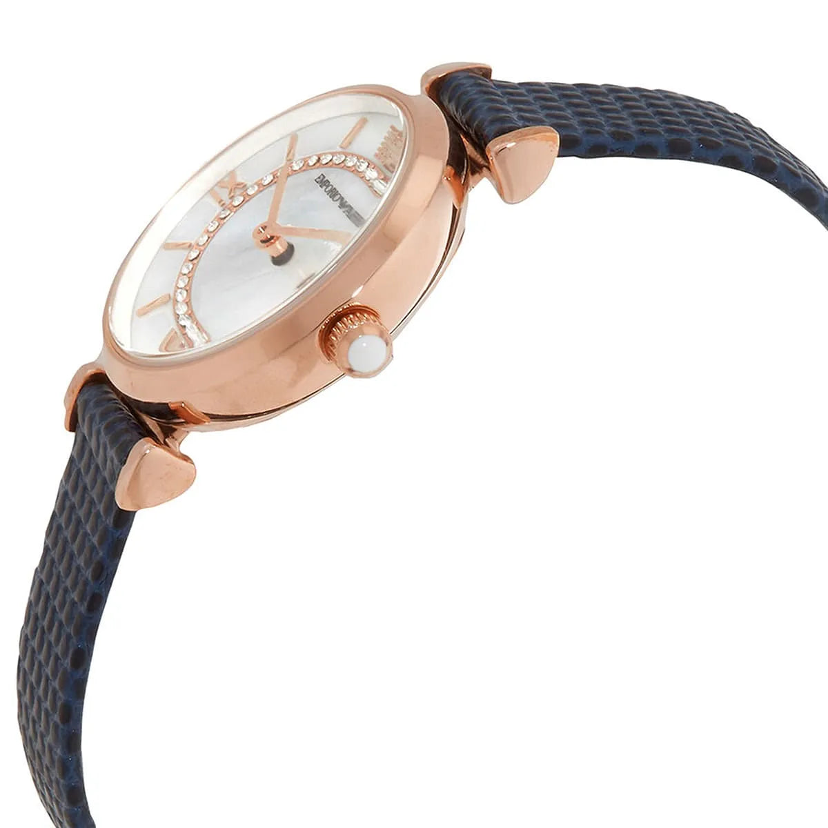 Emporio Armani Gianni T-Bar side profile with rose gold case and blue textured strap