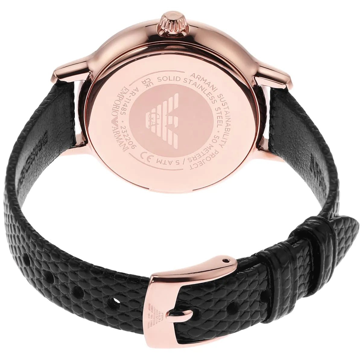 Emporio Armani AR11485 caseback with engraved eagle logo, CE mark, and model information on rose gold