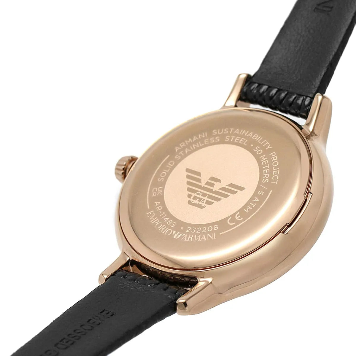 Emporio Armani AR11485 caseback engraved with model number, Eagle logo, and specifications