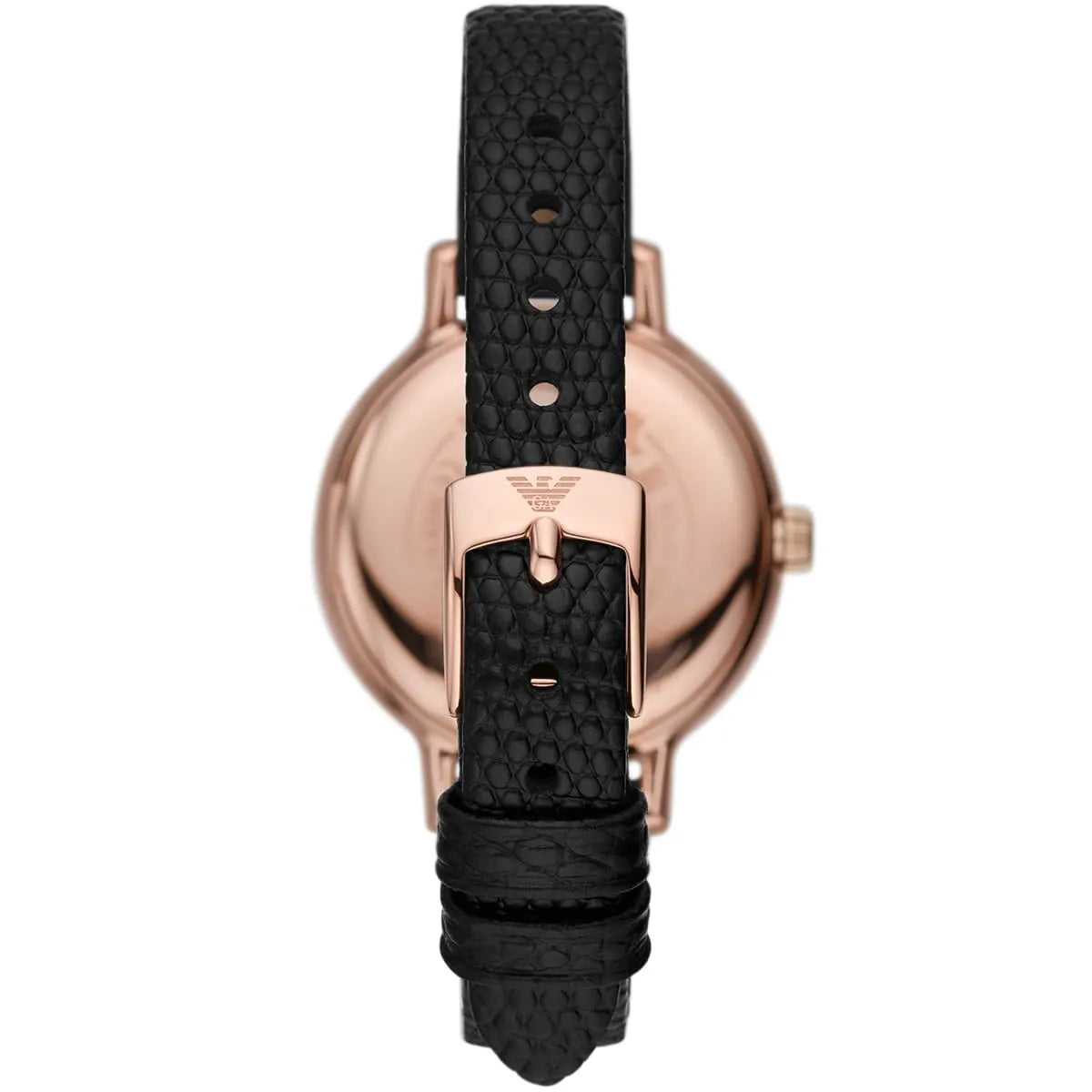 Caseback view of Emporio Armani AR11485 showing rose gold case, Emporio Armani eagle logo, and black leather strap