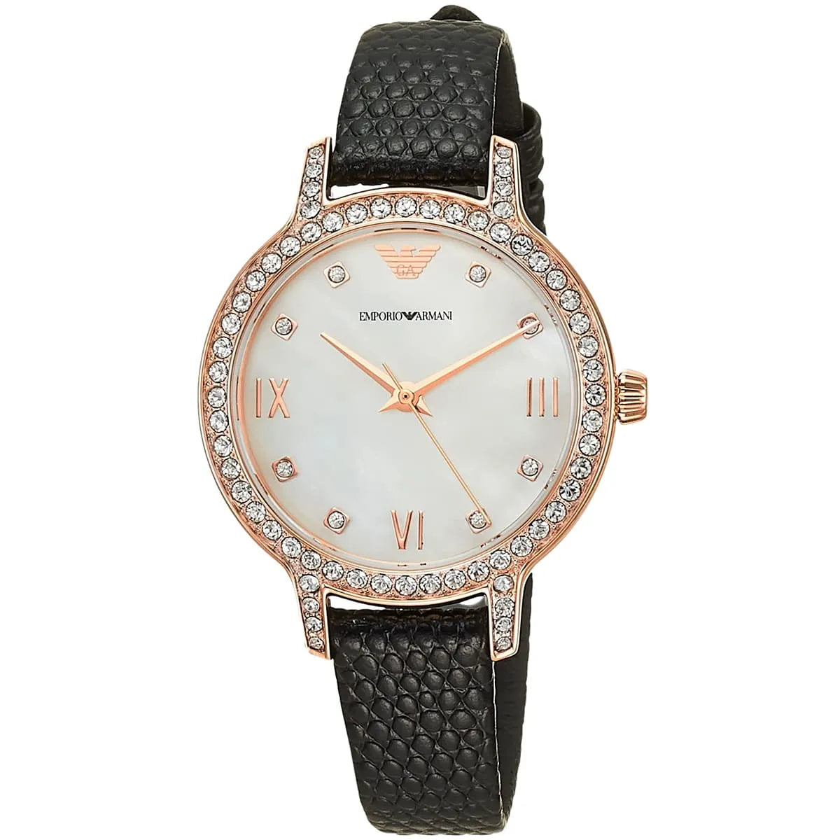 Emporio Armani AR11485 women's watch with rose gold case, mother-of-pearl dial, crystal-set bezel, and black leather strap