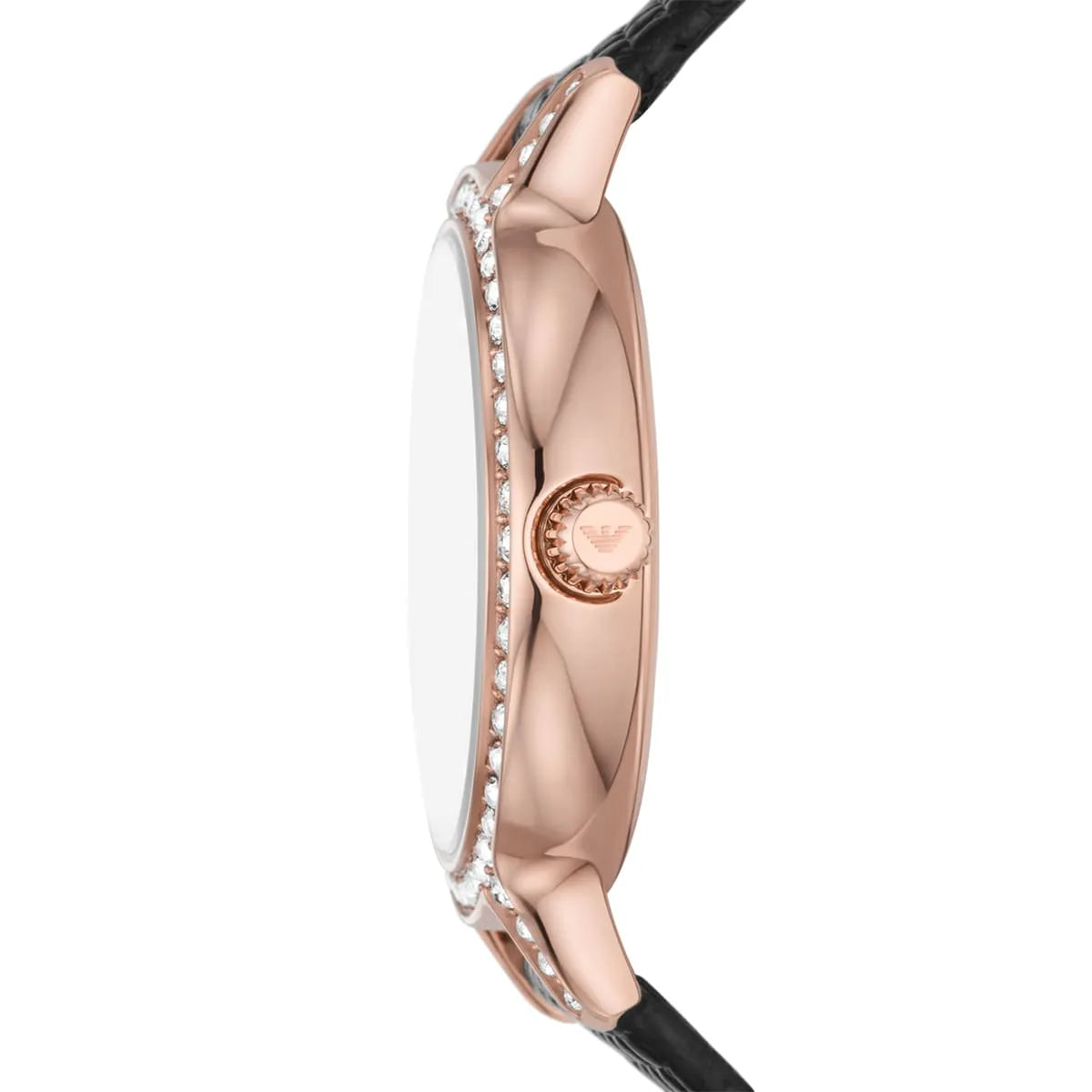 Side profile of Emporio Armani AR11485 showing rose gold case, crystal bezel, and black leather strap