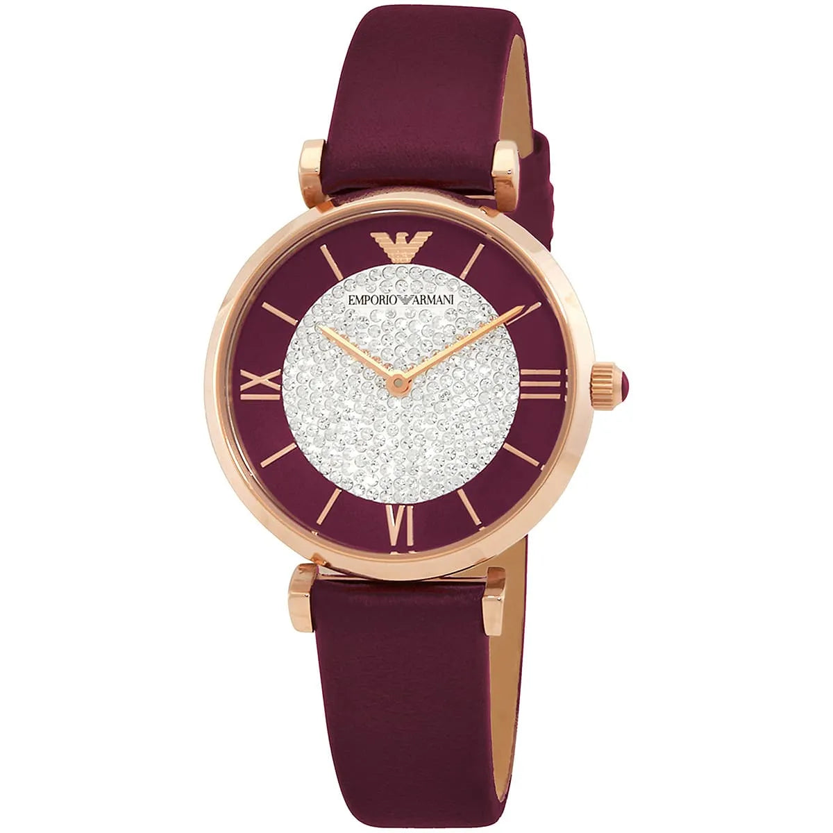 Emporio Armani Gianni T Bar purple dial watch with crystal face and purple leather strap