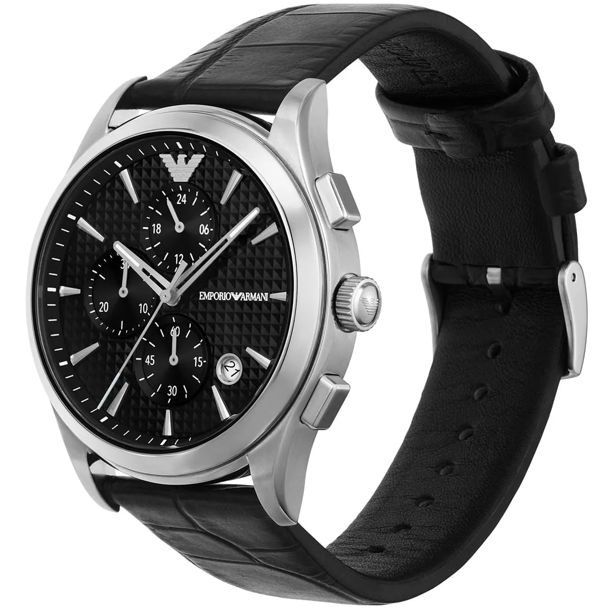 Paolo chronograph watch viewed at angle showing three subdials and black leather strap