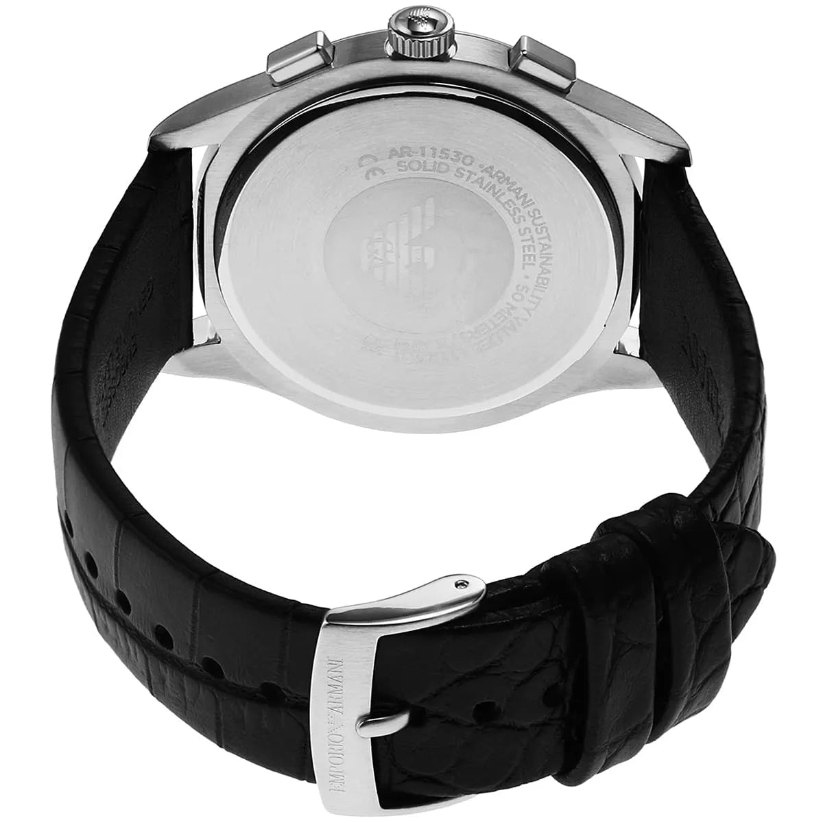 Paolo watch caseback view with croc-embossed black leather strap attached to silver case