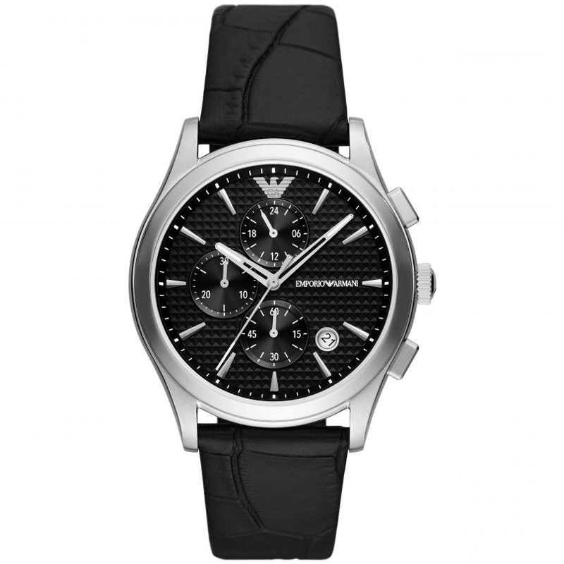 Emporio Armani Paolo chronograph watch with black dial and silver case on black leather strap