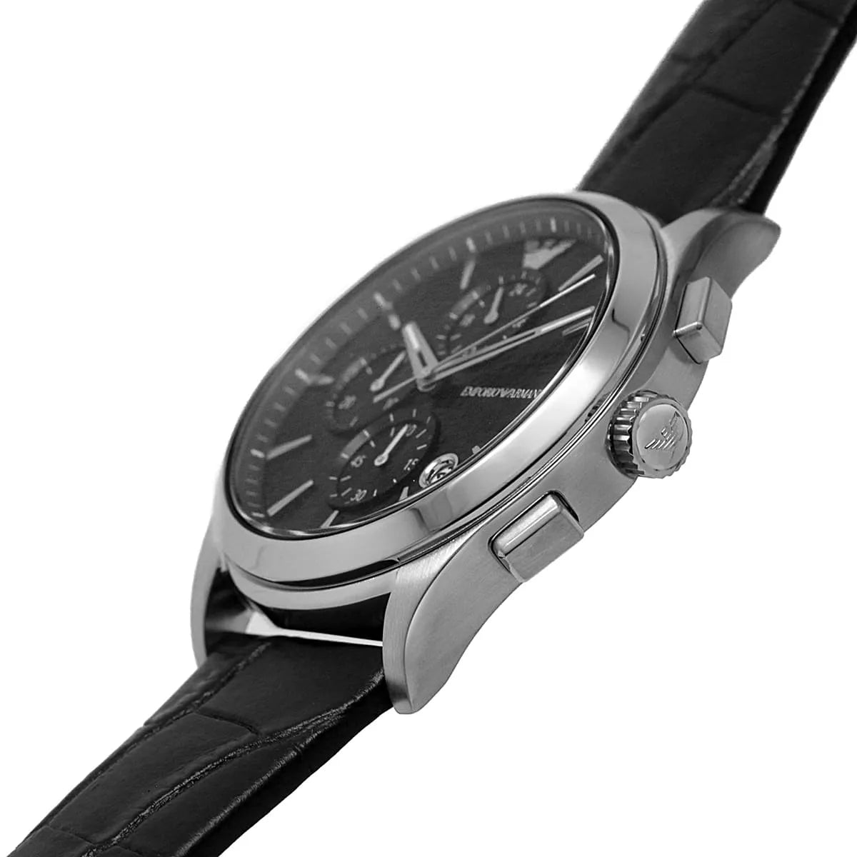 Paolo chronograph watch worn on wrist showing dial detail and black leather strap