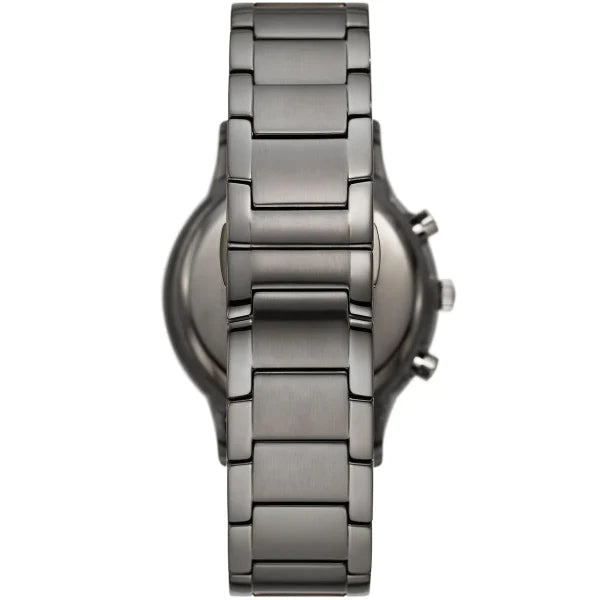 Side profile of AR11531 watch showing gunmetal stainless steel case and bracelet