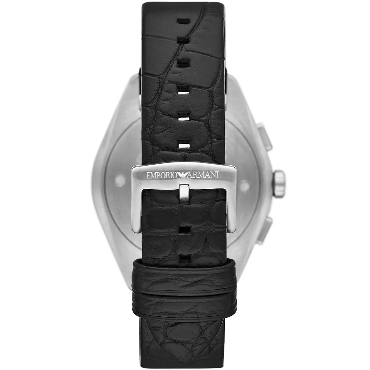 Emporio Armani Claudio chronograph watch caseback showing engraved Emporio Armani logo