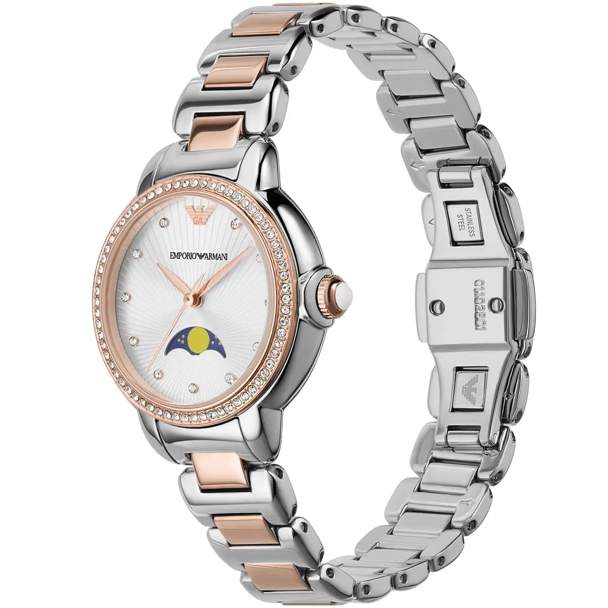 AR11567 Emporio Armani watch angled view showing two-tone bracelet and diamond bezel detail