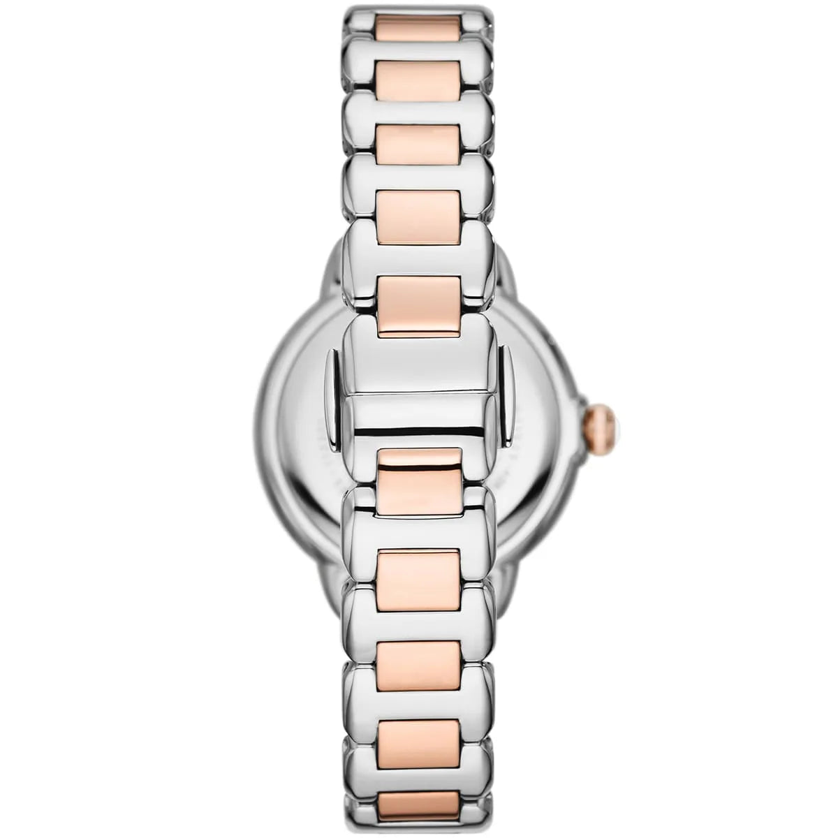 AR11567 Emporio Armani watch caseback showing stainless steel and rose gold two-tone construction
