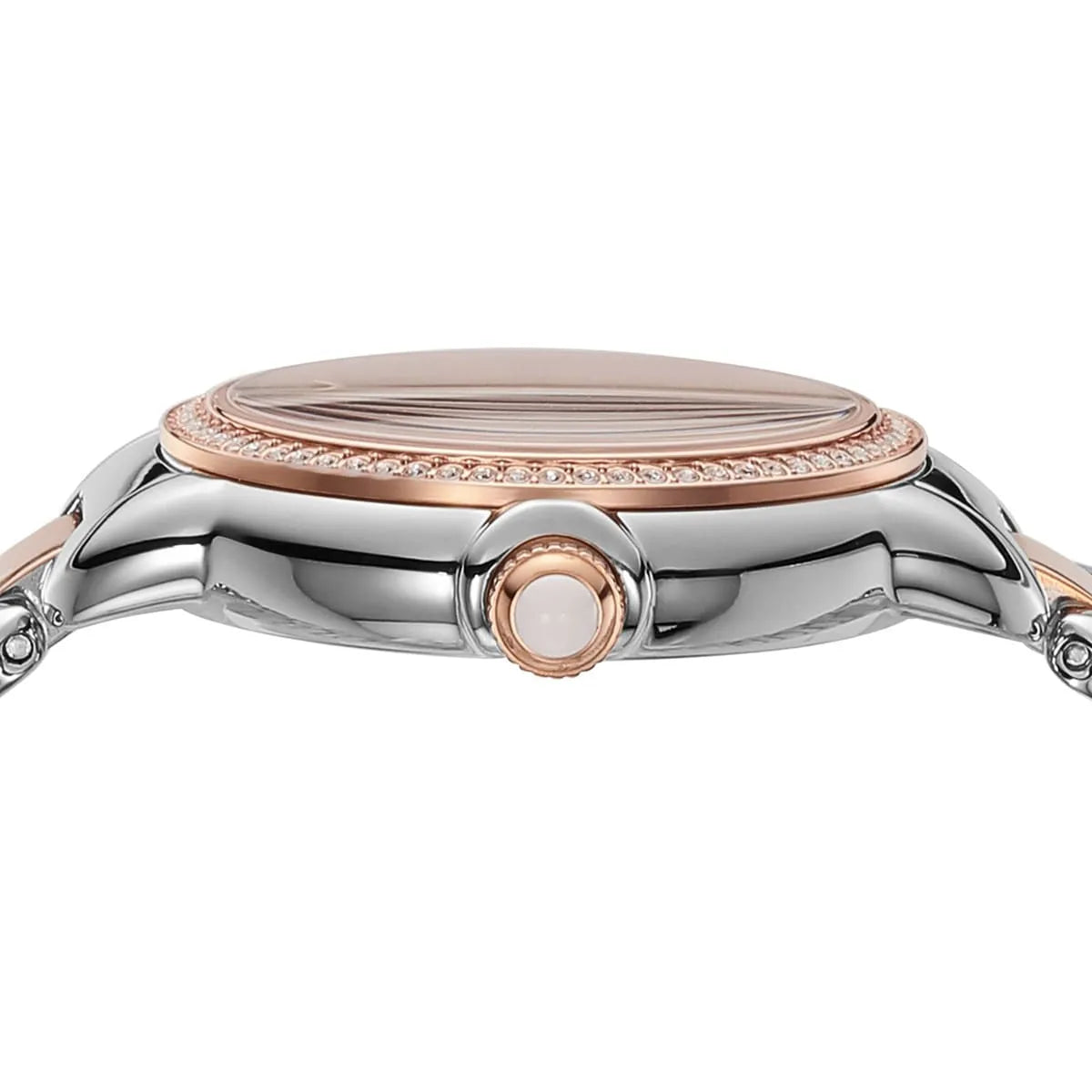 AR11567 dial detail showing silver dial with moonphase, diamond indices, and rose gold hands