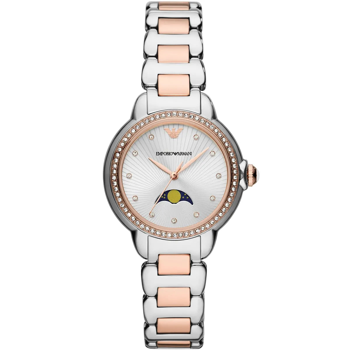 Emporio Armani AR11567 women's watch with silver dial, moonphase, two-tone steel and rose gold bracelet