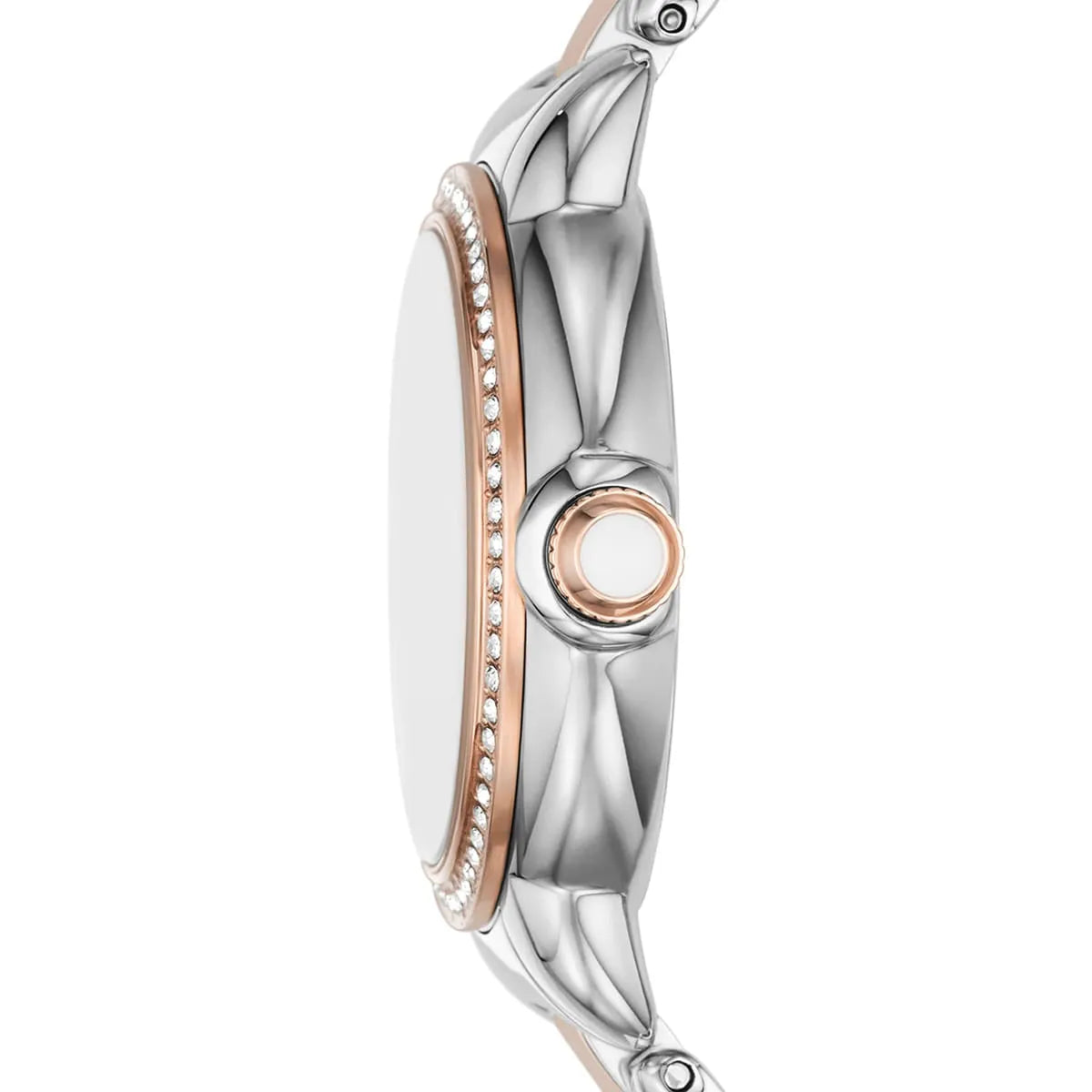 AR11567 side profile showing crystal rose gold bezel, stainless steel and rose gold case band