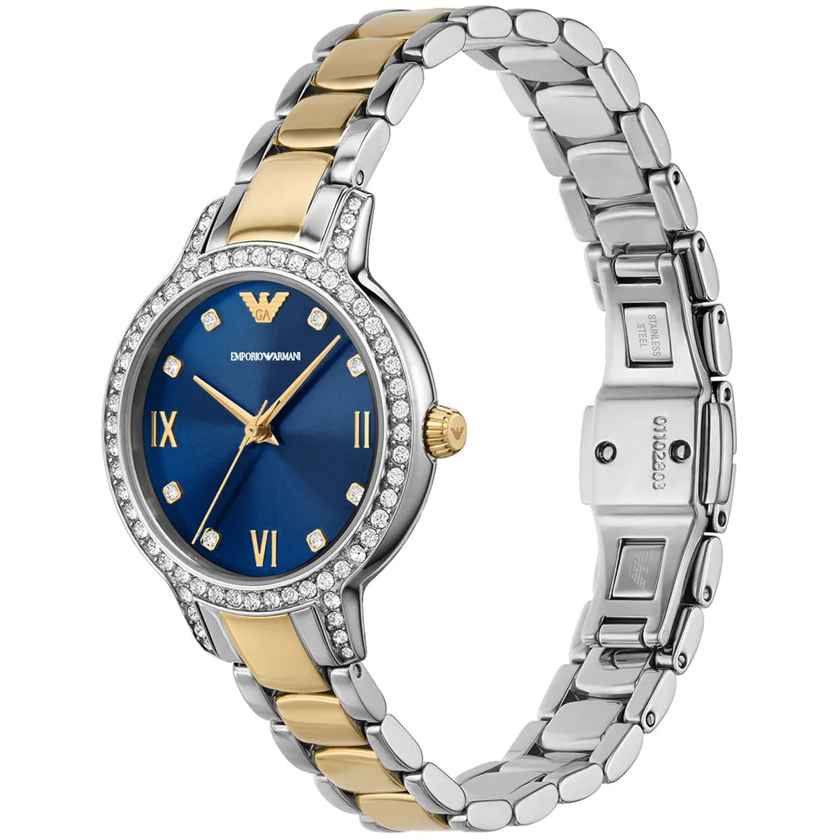Emporio Armani Cleo watch angled view showing two-tone steel and gold bracelet with crystal bezel and blue dial